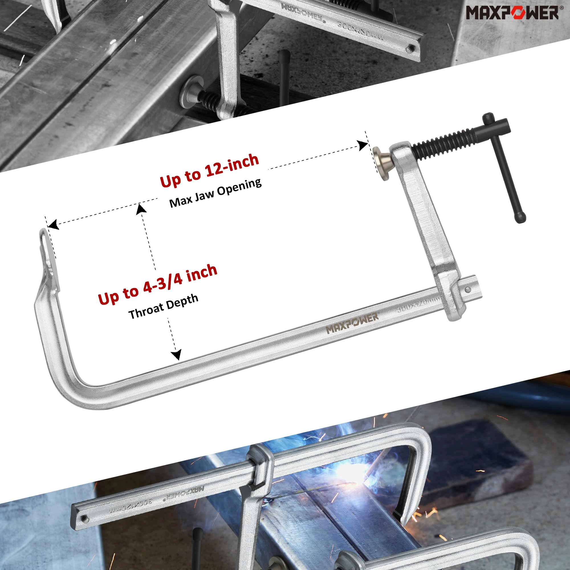 MAXPOWER F clamp showing throat depth of 4-3/4 inches for precise clamping