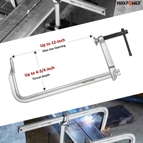 MAXPOWER F clamp showing throat depth of 4-3/4 inches for precise clamping