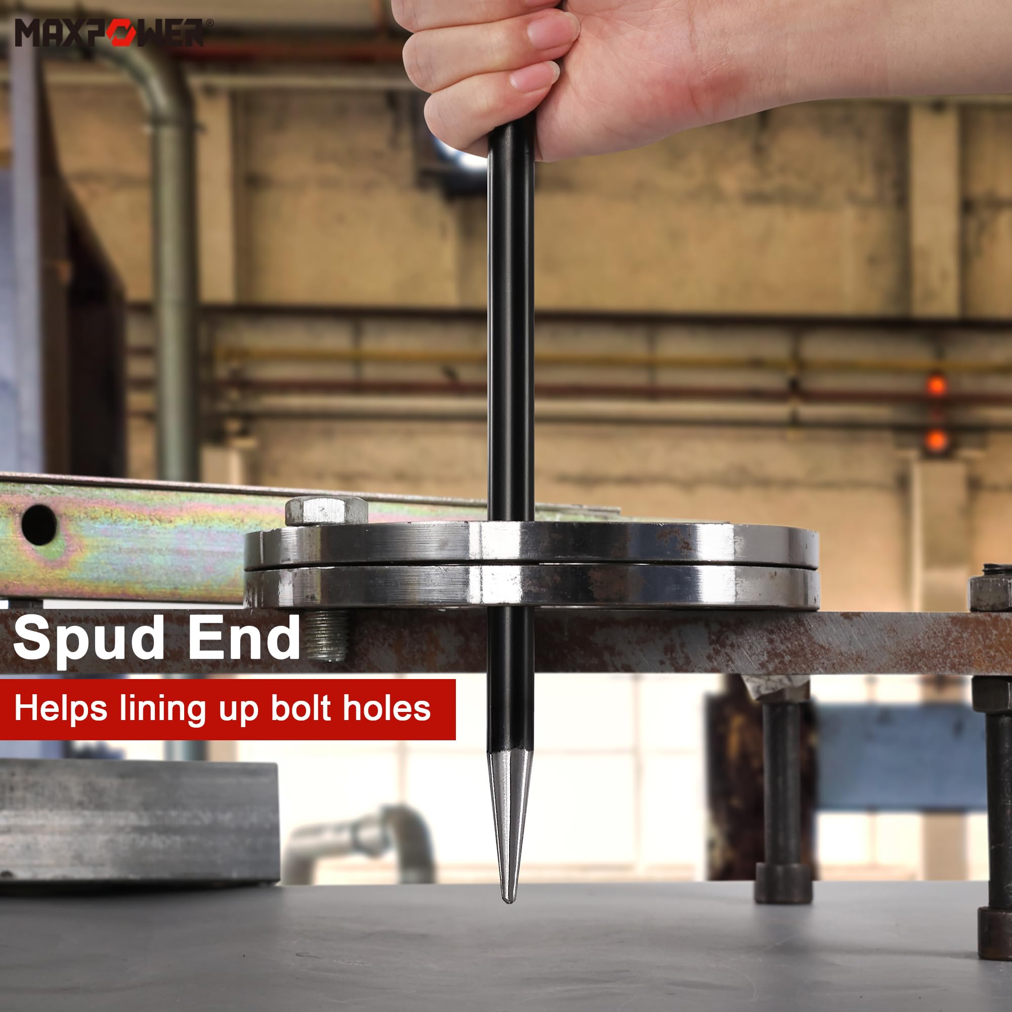 MAXPOWER heel pry bar rolling head close-up highlights high-leverage design.