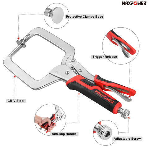MAXPOWER jaw-depth 4 inch clamp provides reliable hold during pocket-hole assembly.