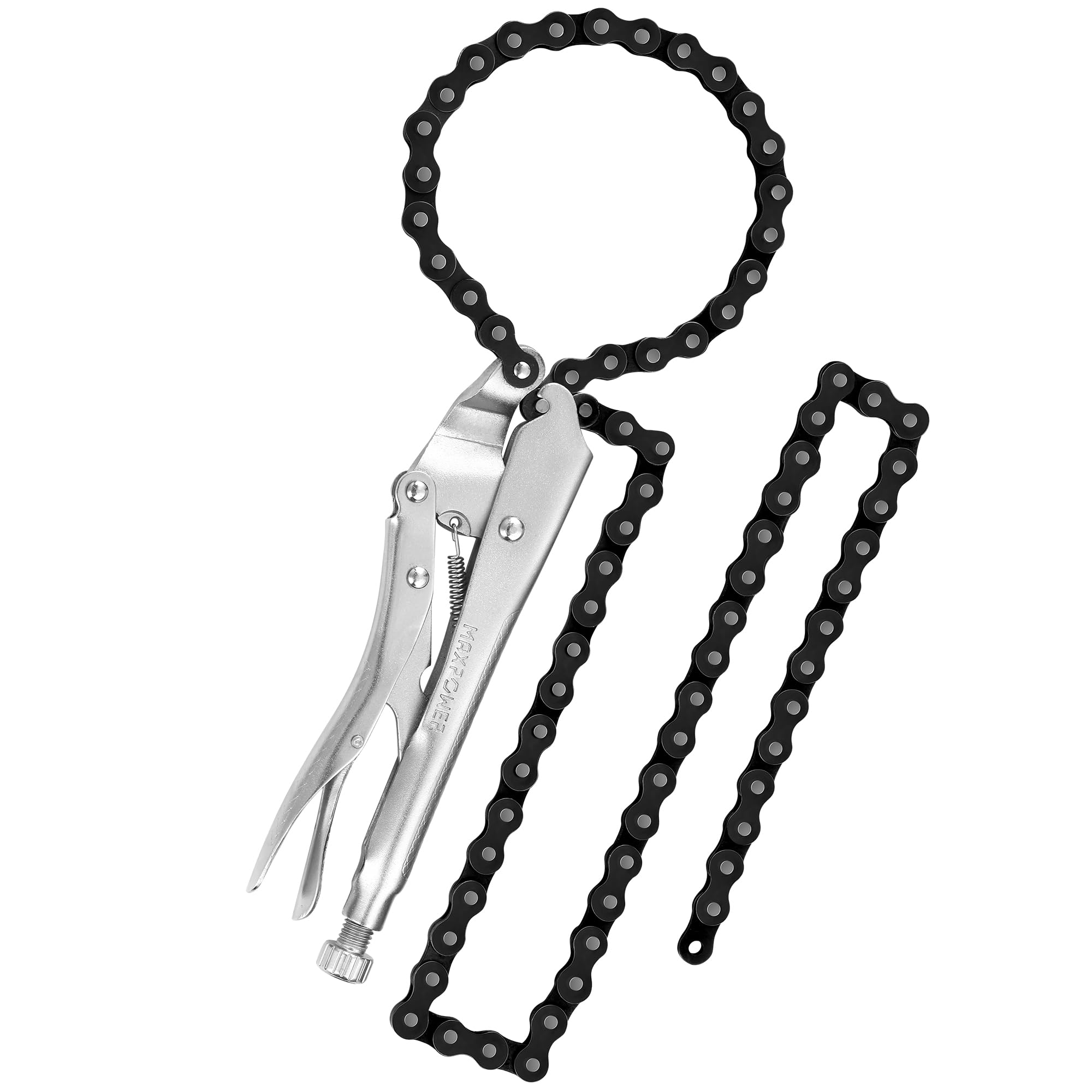 MAXPOWER locking chain clamp shows 9-inch reach for secure pipe positioning