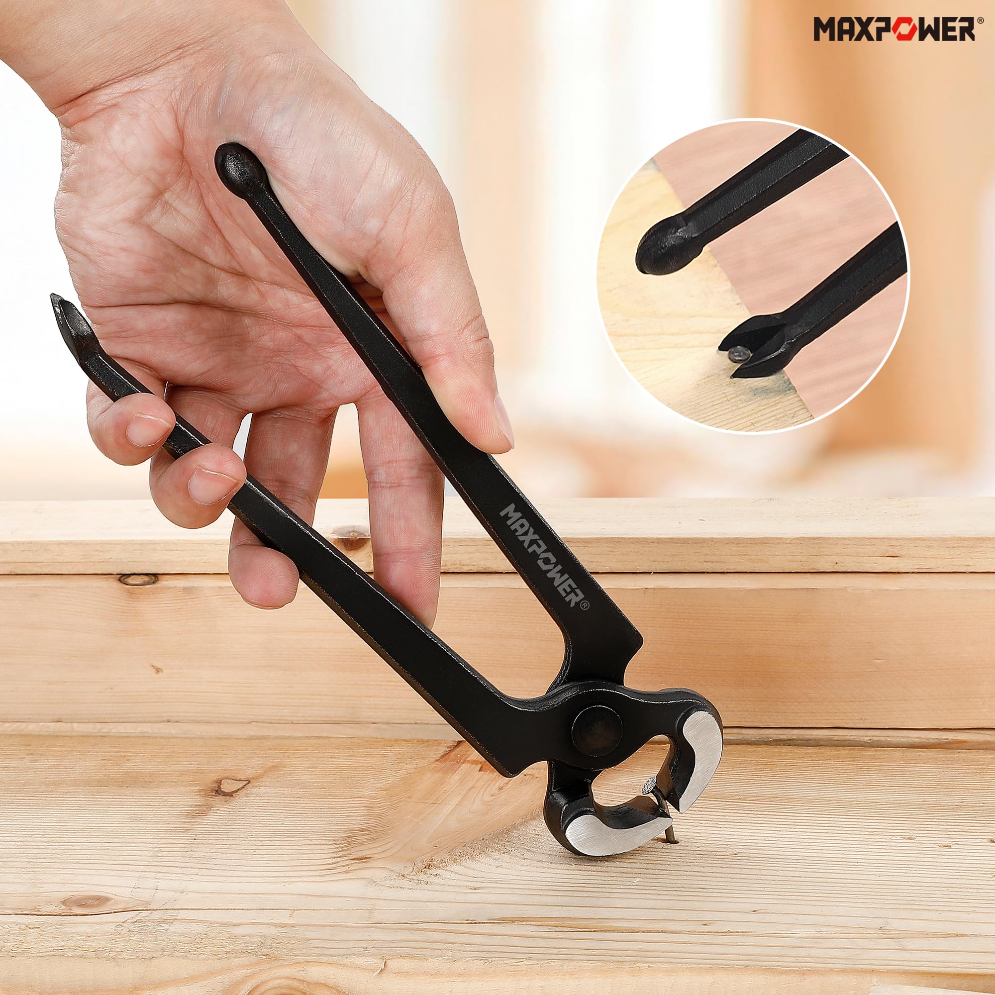MAXPOWER nail puller in use shows nail removal capability.