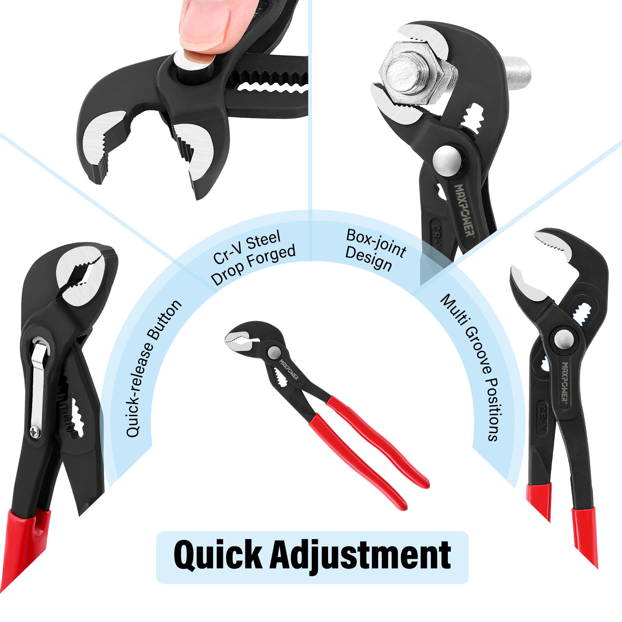 MAXPOWER 12in quick-adjust pliers delivering reach for tough fasteners.