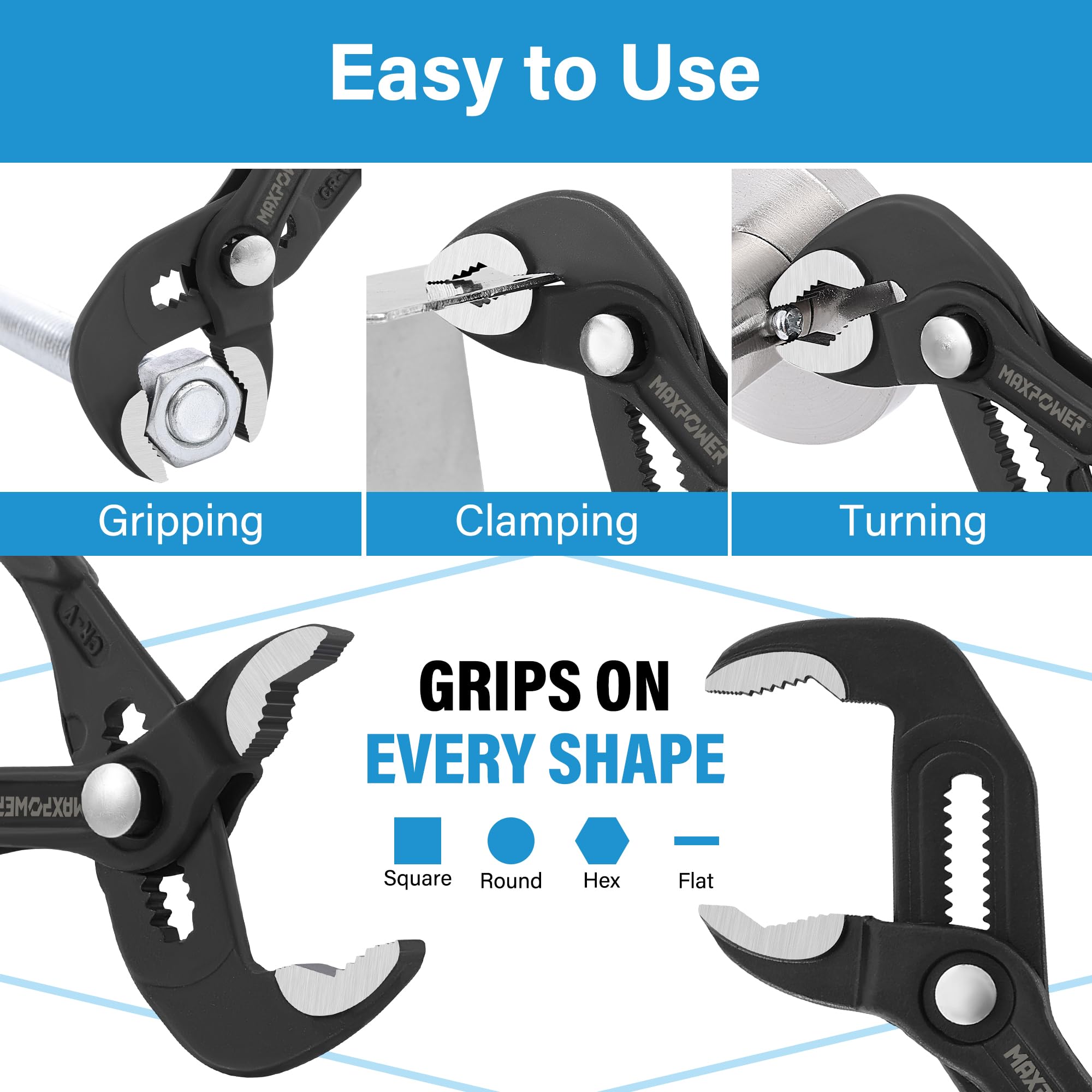 MAXPOWER V-jaw design secures grip on round, flat, and square parts.