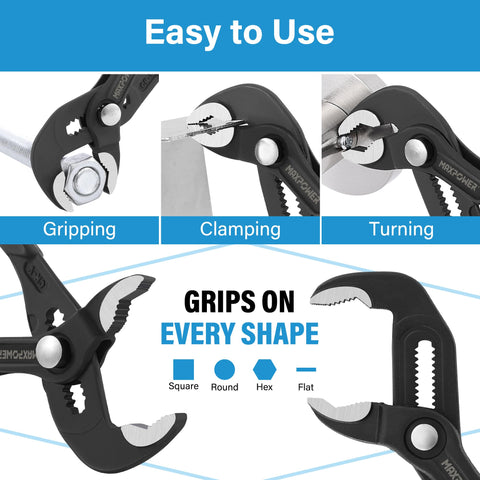MAXPOWER V-jaw design secures grip on round, flat, and square parts.