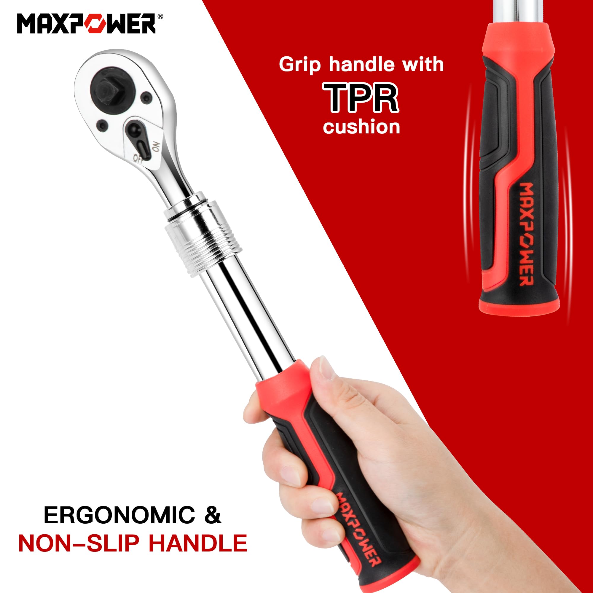 MAXPOWER quick-release ratchet enables fast socket changes during tasks