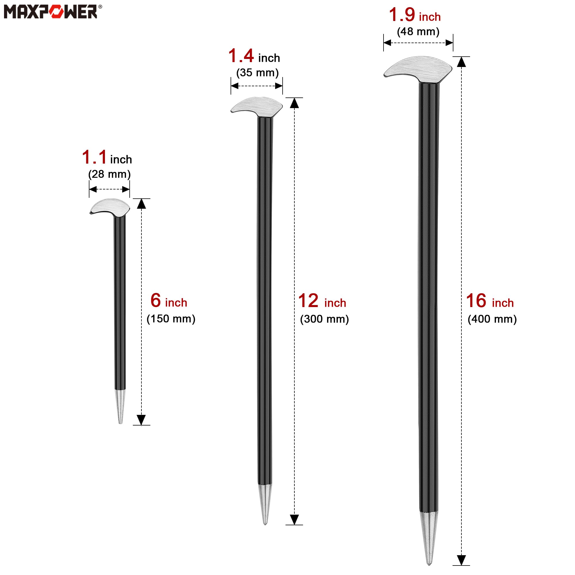 MAXPOWER rolling head pry bar 12-inch shows extended reach for mid-sized prying.