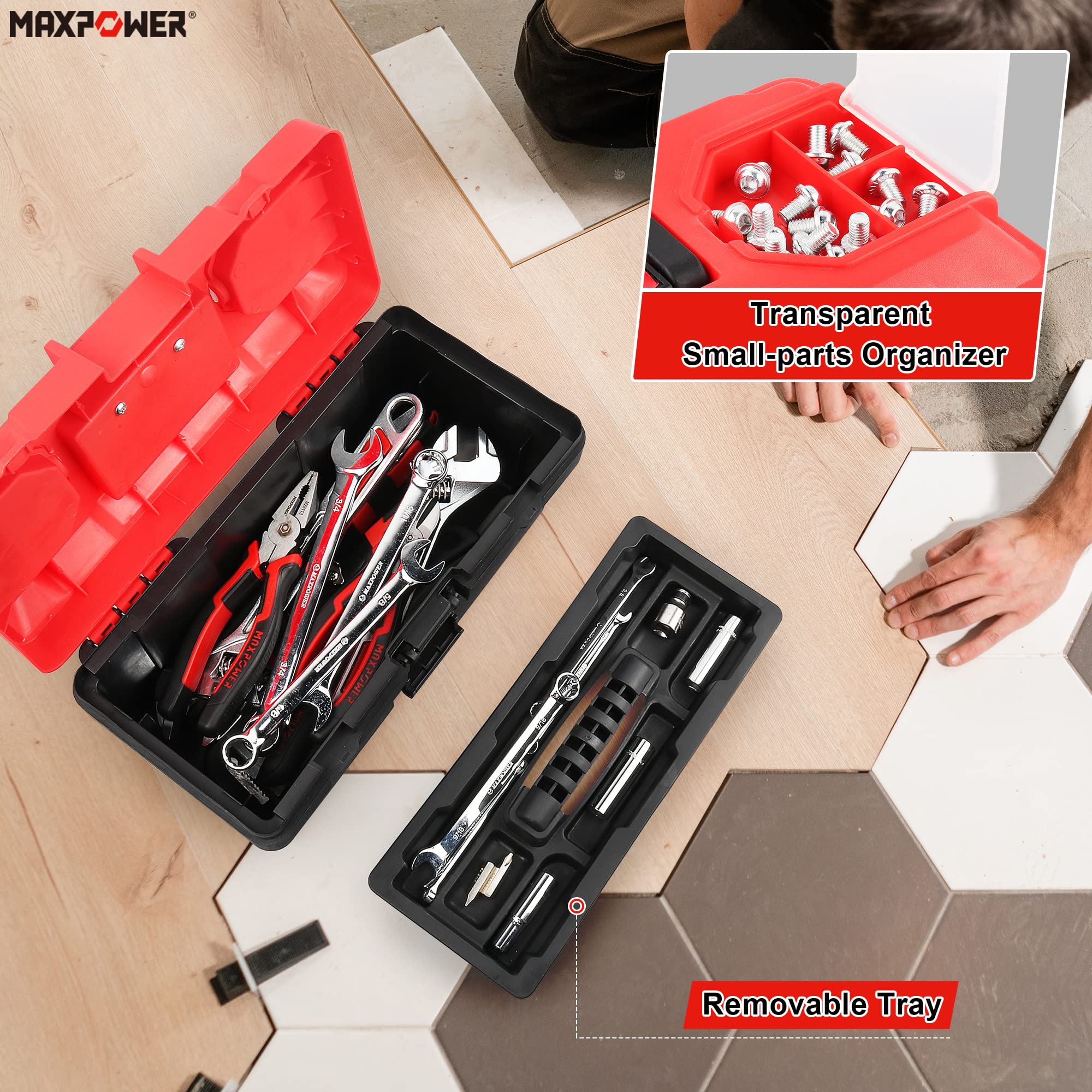 MAXPOWER small toolbox removable tray shows easy layout of wrenches and screws