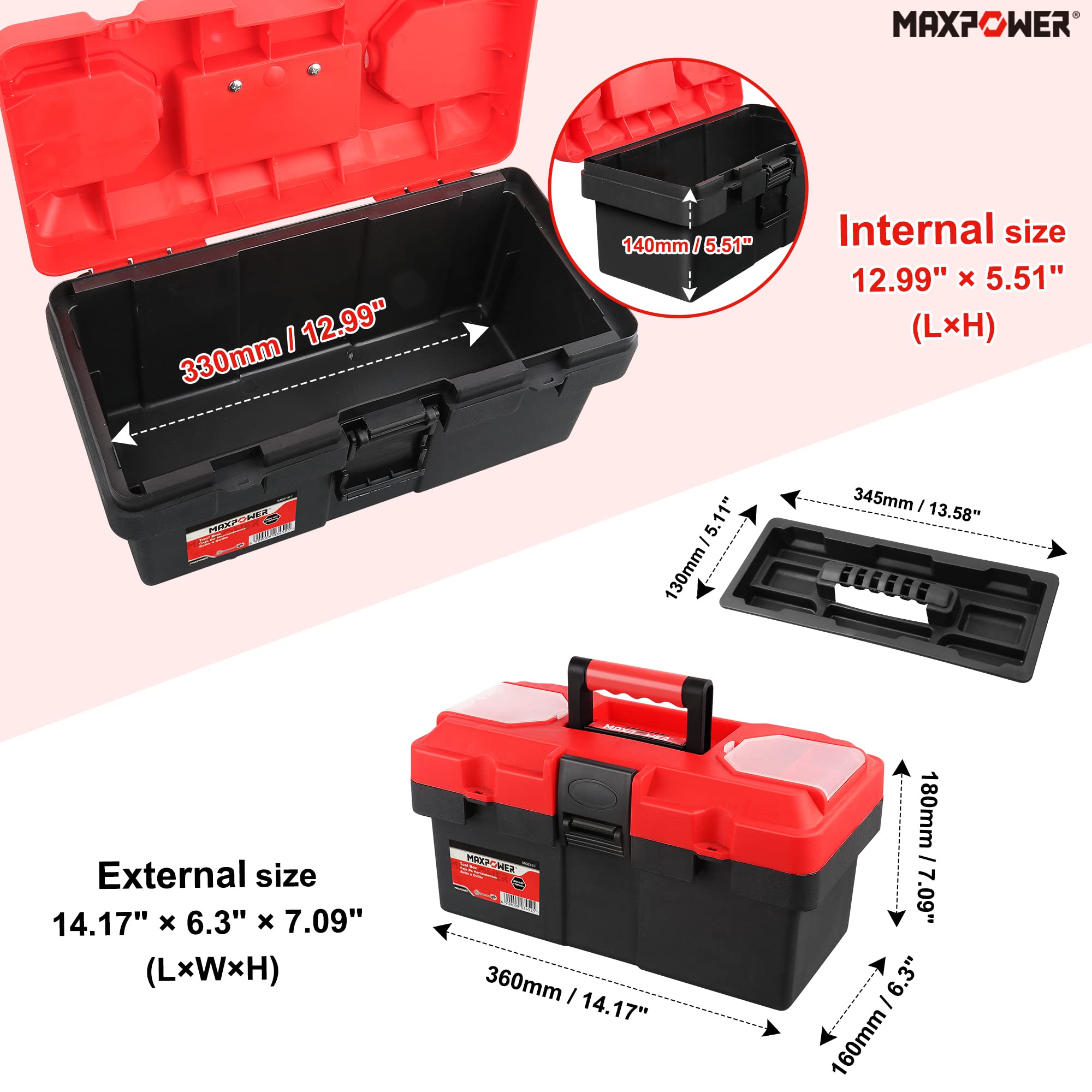 MAXPOWER small toolbox side view emphasizes portable design for car or garage