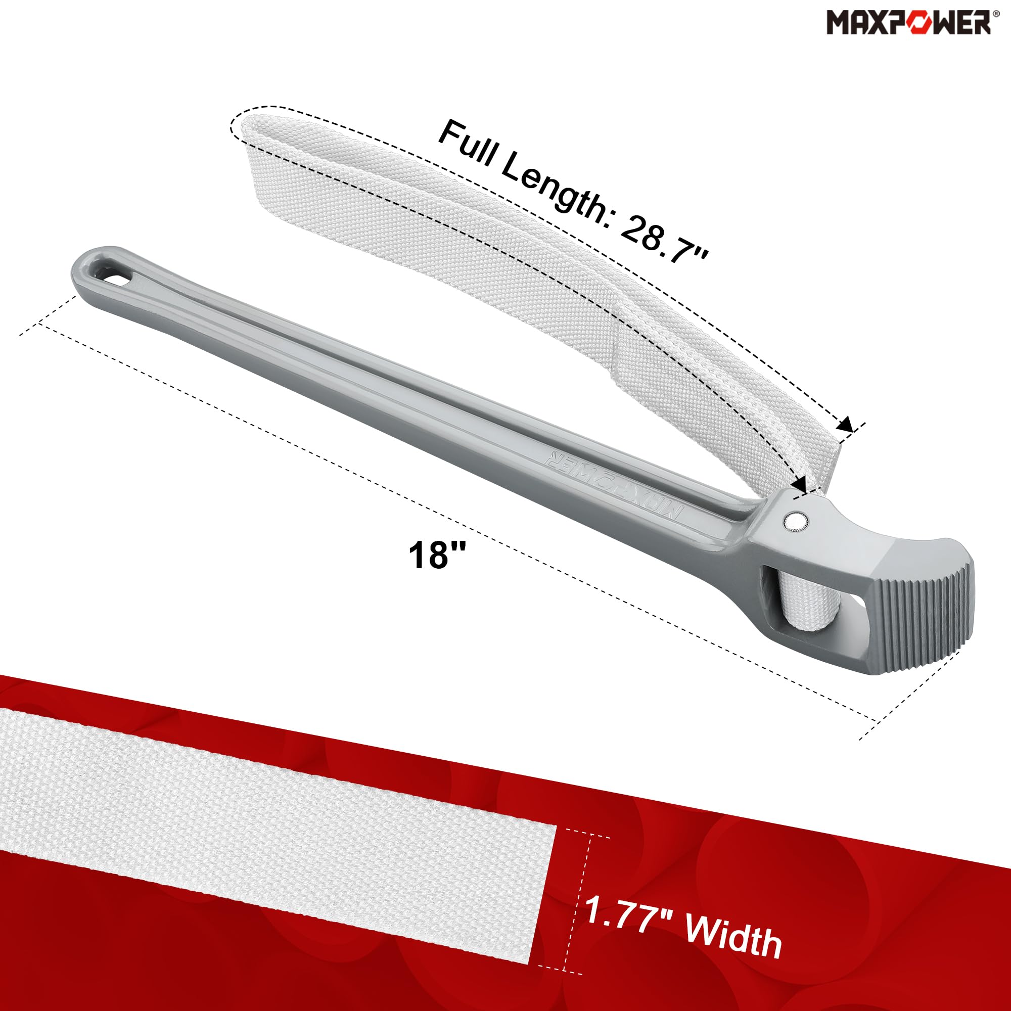 MAXPOWER aluminum handle strap wrench offers lightweight handling for fatigue-free use.
