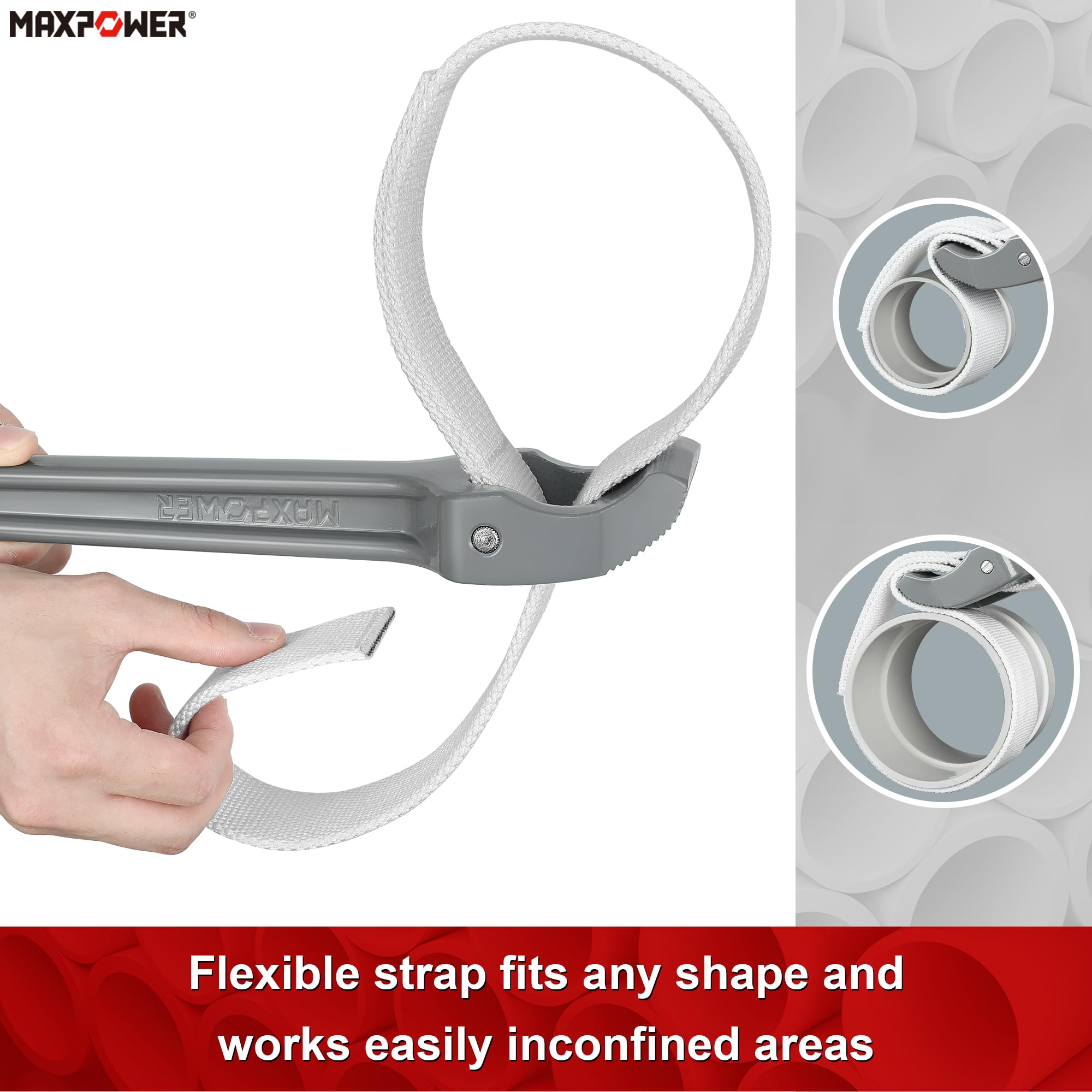MAXPOWER strap wrench anti-slip top grips securely without surface damage.