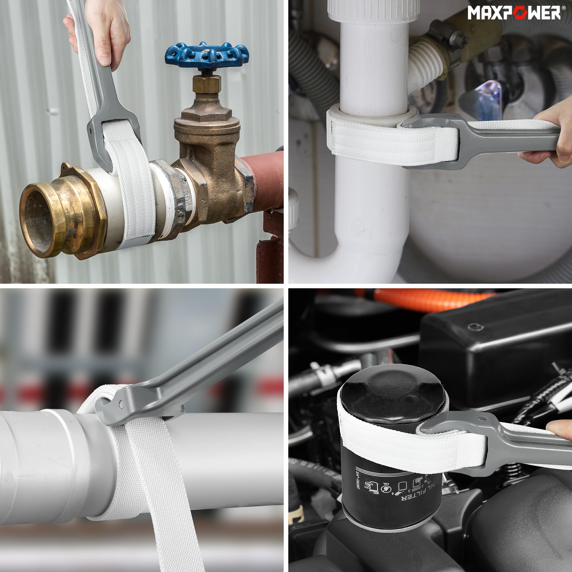MAXPOWER strap wrench ideal for faucets and PVC joints.
