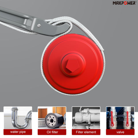 MAXPOWER strap wrench enables oil filter and water filter replacements.