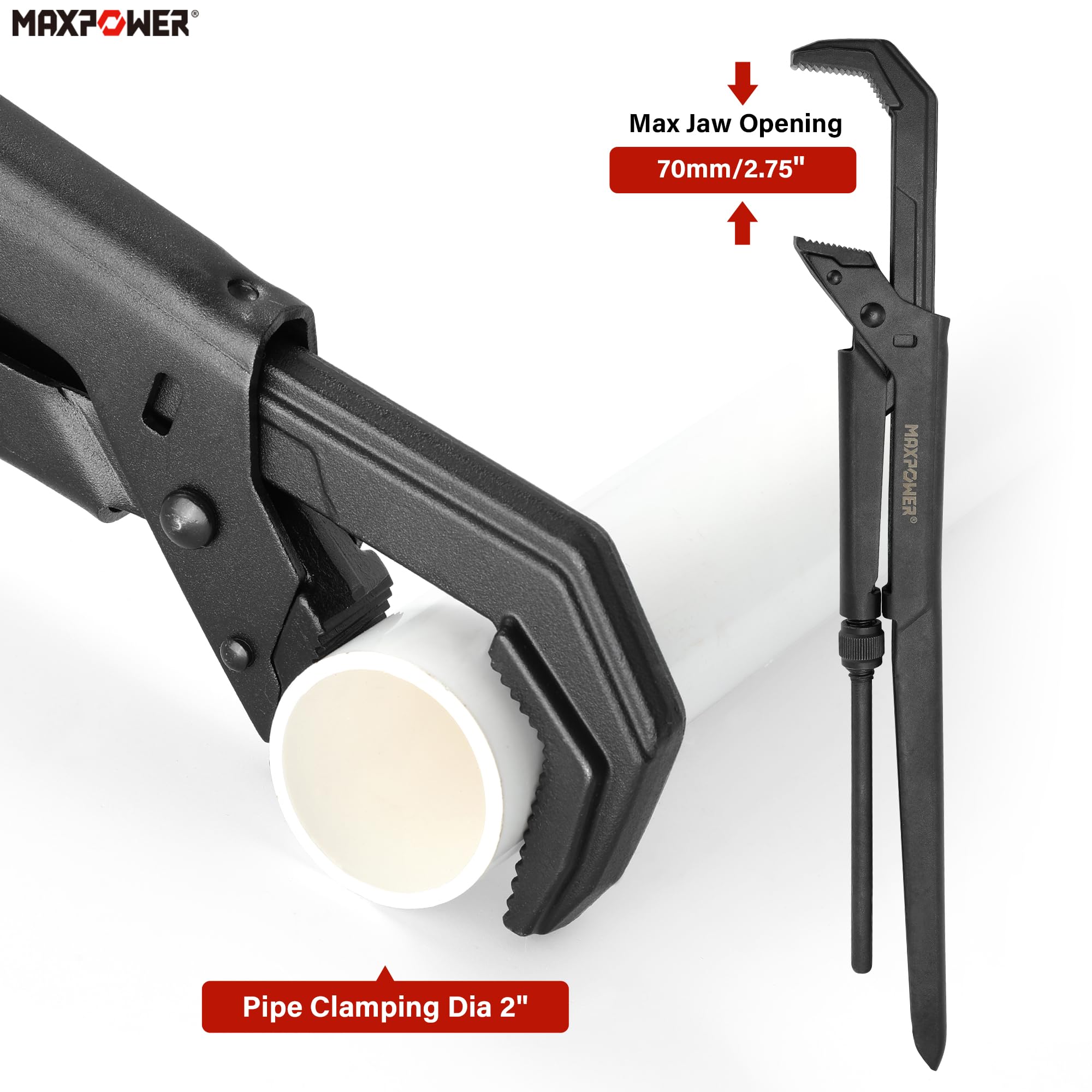 MAXPOWER Swedish Pipe Wrench 90-degree jaw aids front-end alignment.