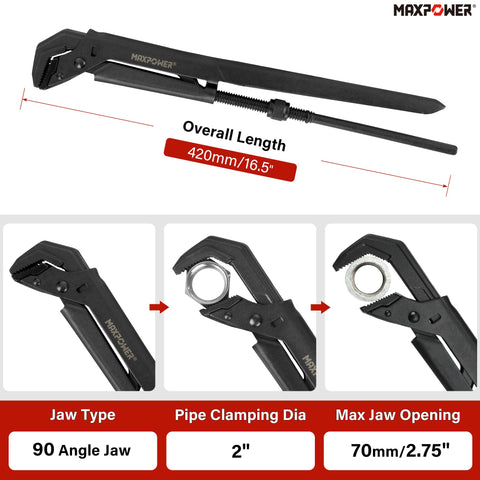 MAXPOWER Swedish Pipe Wrench shows 2.75-inch opening for larger fittings.