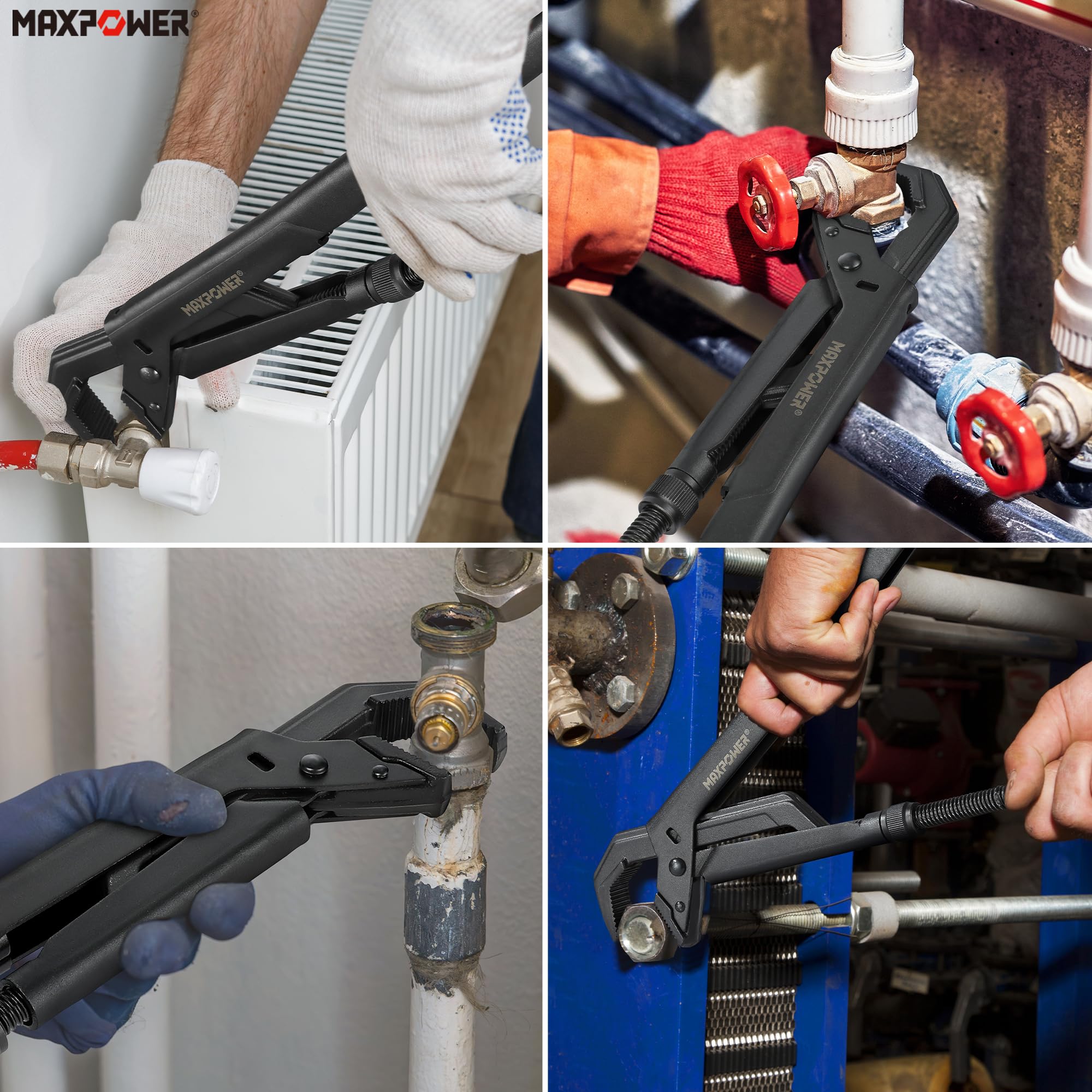 MAXPOWER wrench features a slim head for confined corners and pipes.