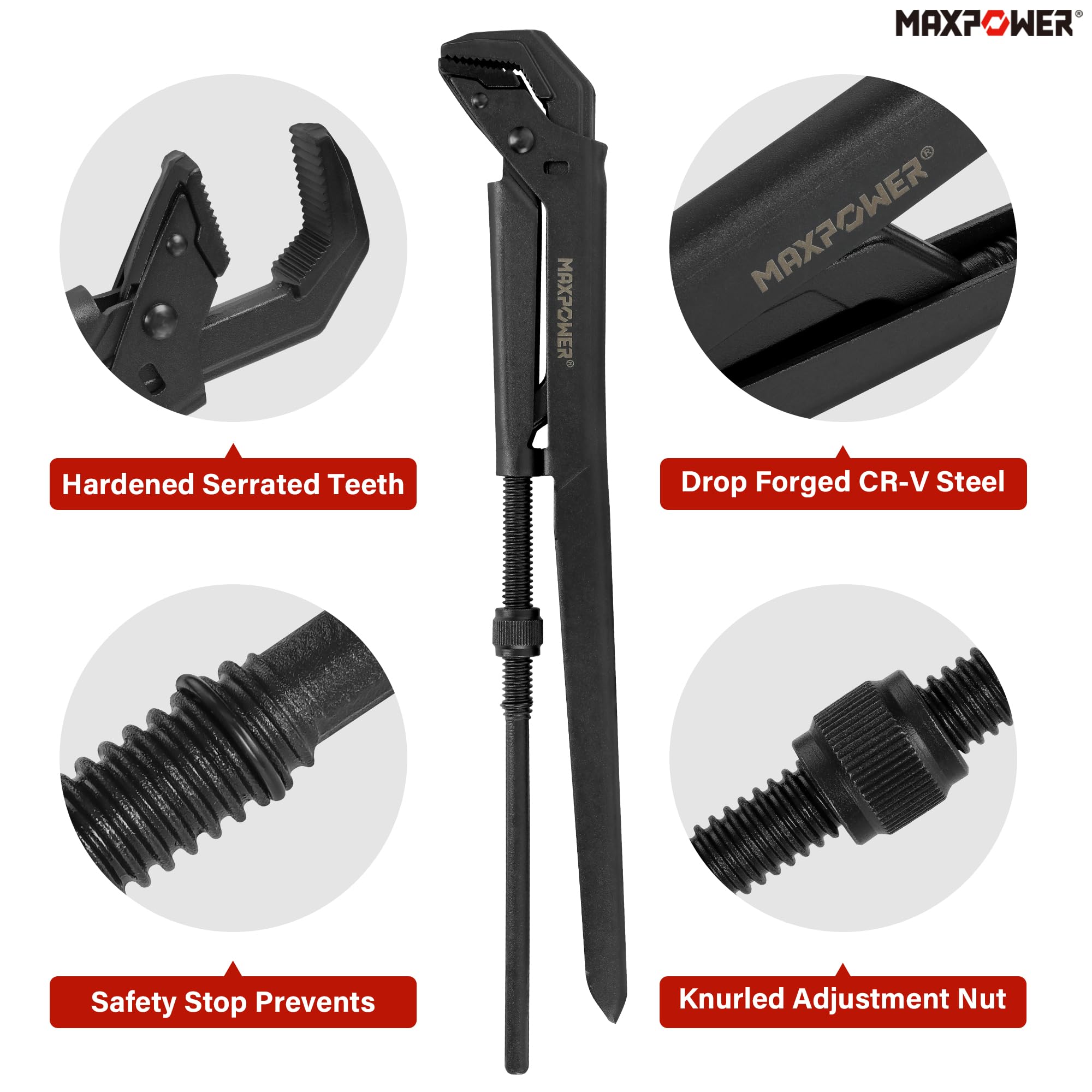 MAXPOWER adjustable pipe wrench with non-detachable adjusting nut ensures precise grip.