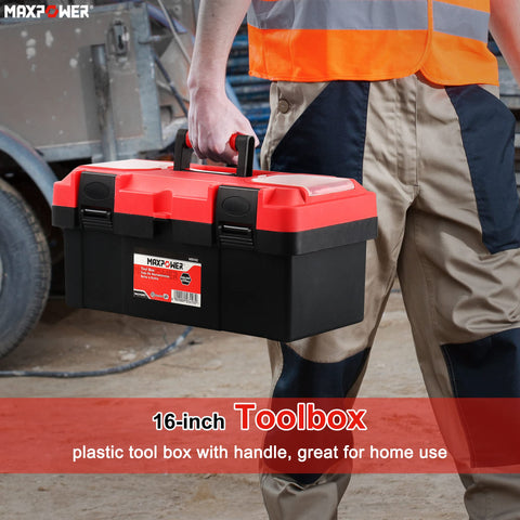 MAXPOWER tool box bright red plastic for easy visibility.