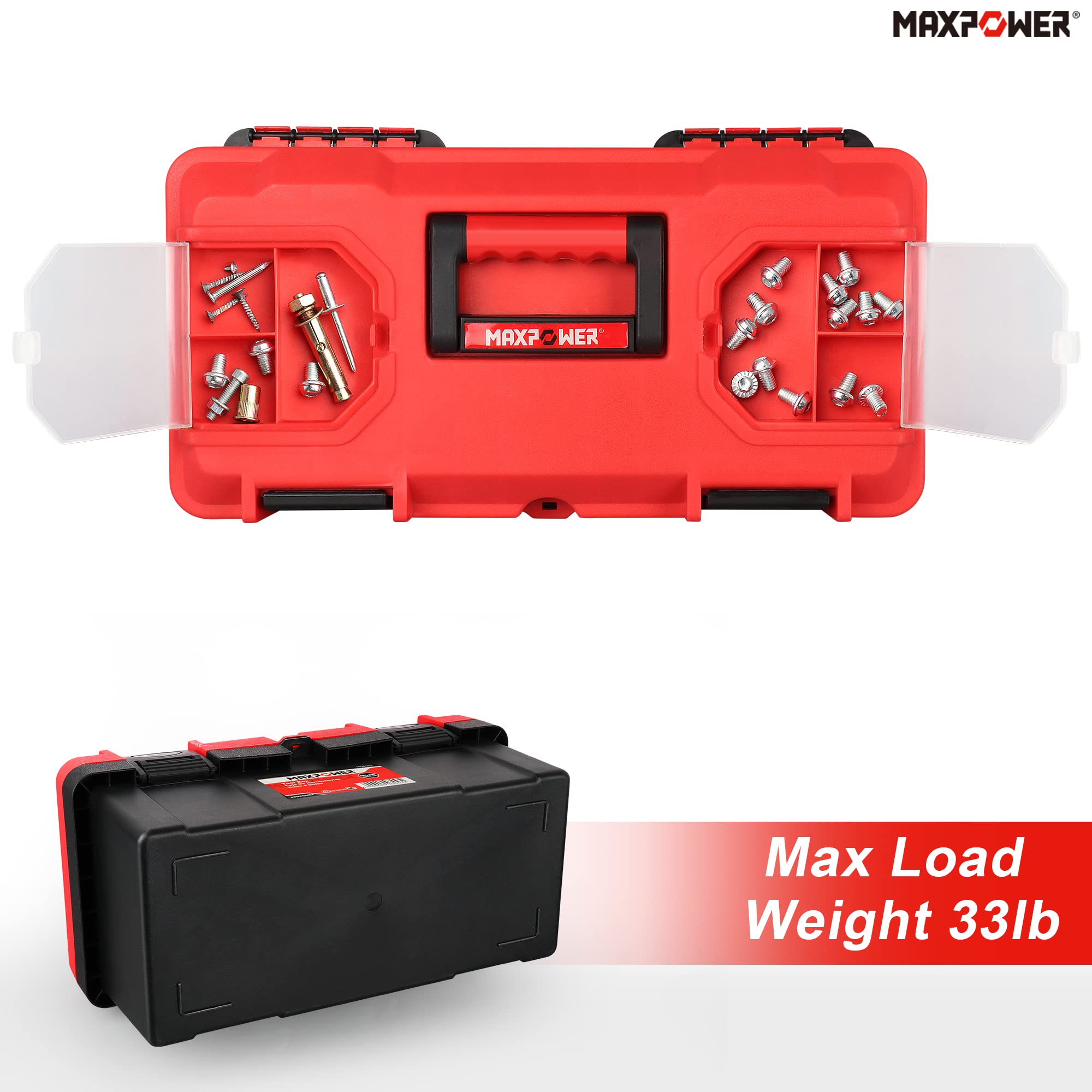 MAXPOWER tool box with comfort grip handle for easy carrying.