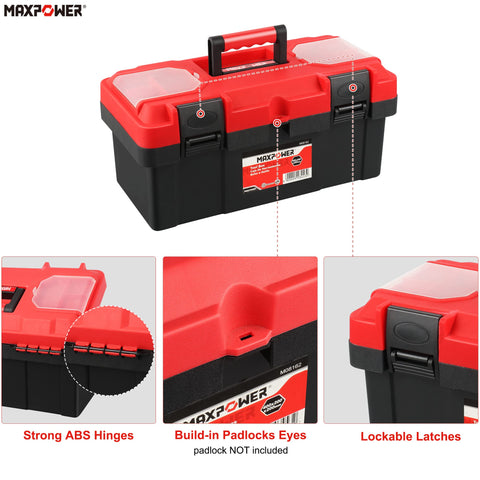 MAXPOWER tool box with lockable latches for secure transport.