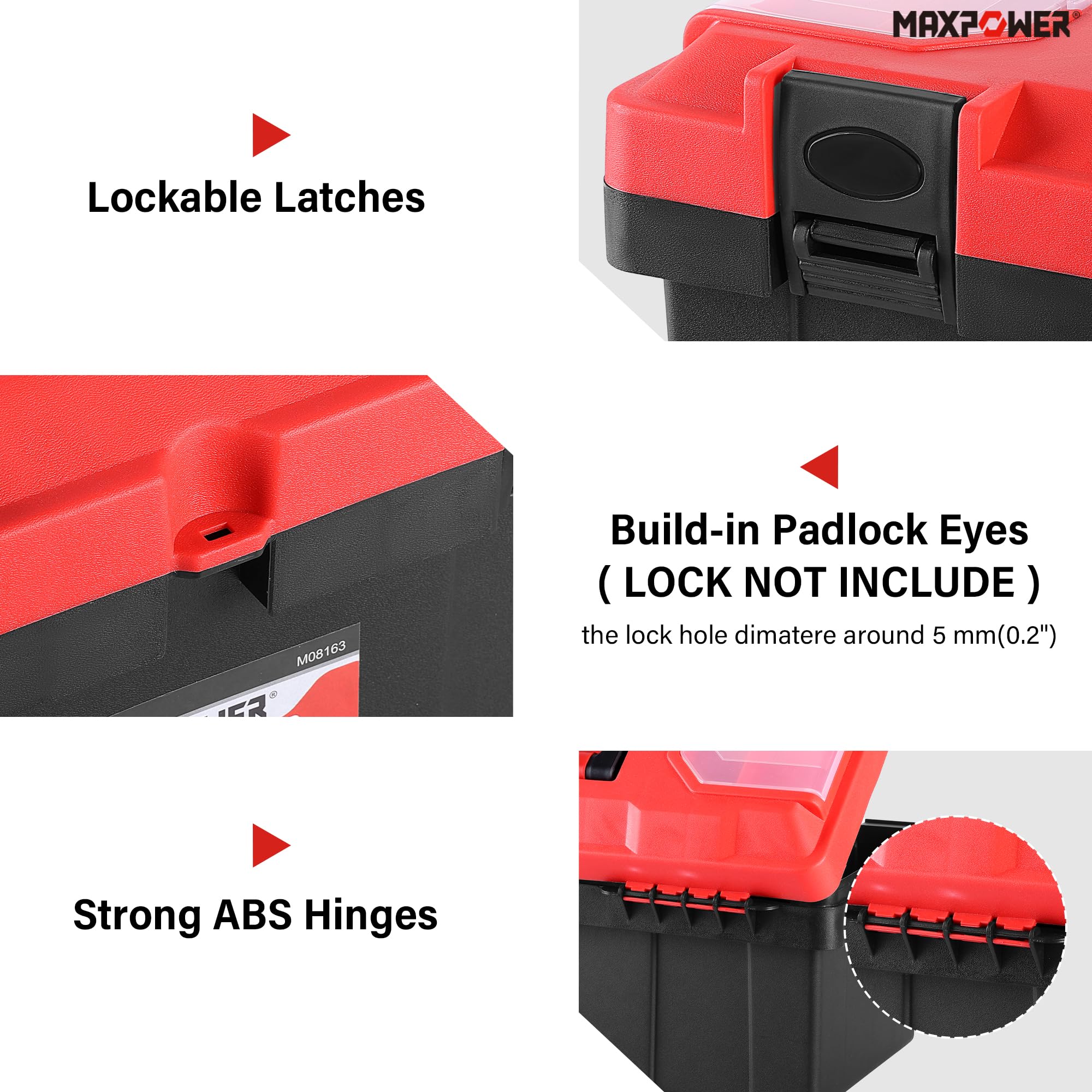 MAXPOWER tool box removable tray shown for quick access to small parts