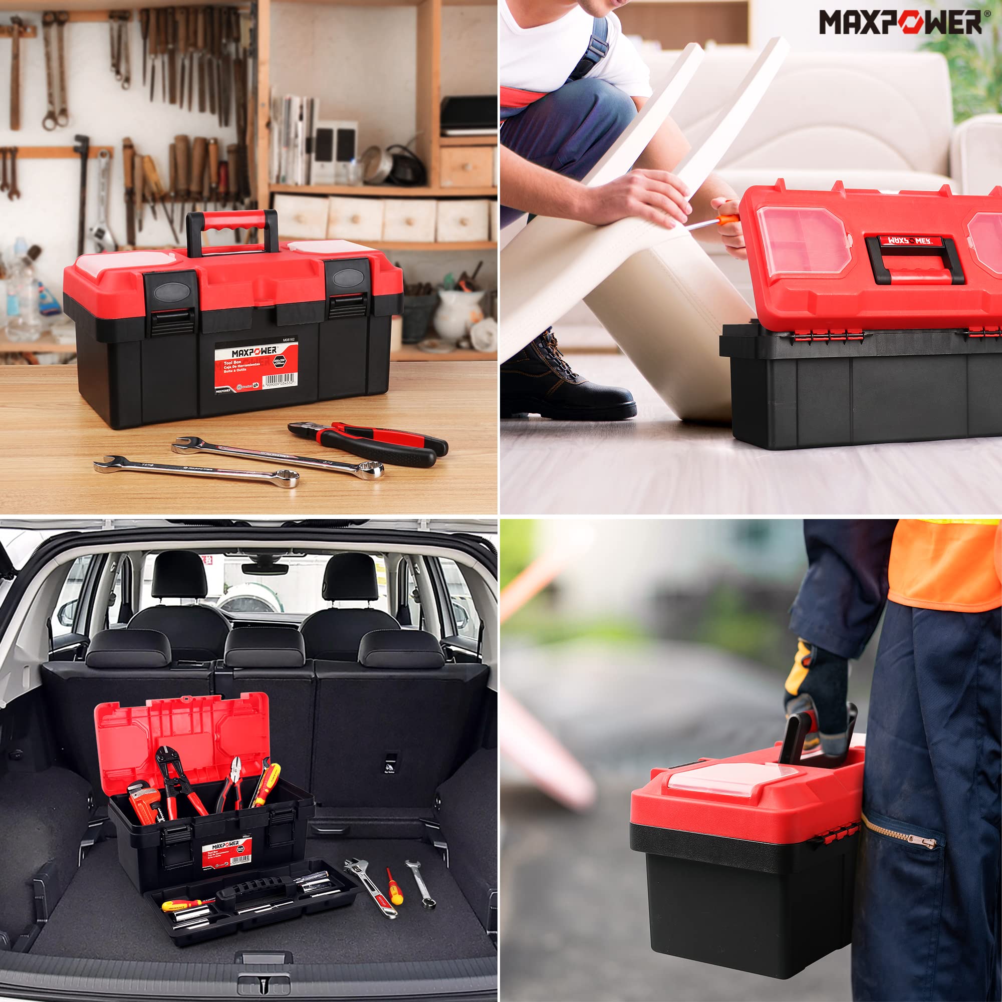 MAXPOWER tool box rugged polypropylene construction for tough home use.