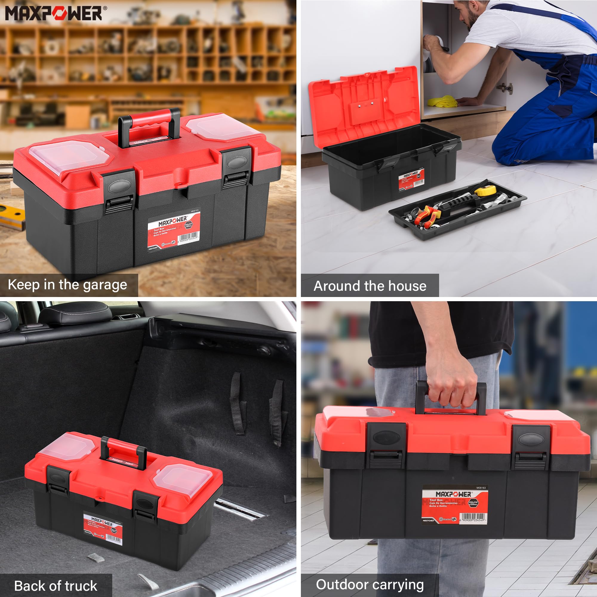 MAXPOWER tool box transparent lid displaying visible contents during use