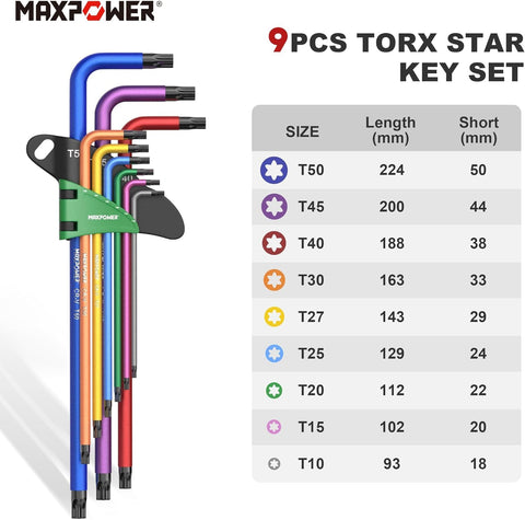 MAXPOWER Torx wrenches T10–T50 for secure screw compatibility.