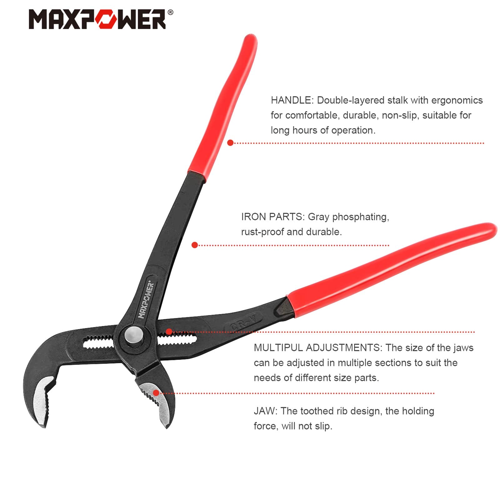 MAXPOWER water pump pliers 10-inch model providing larger opening for versatile tasks