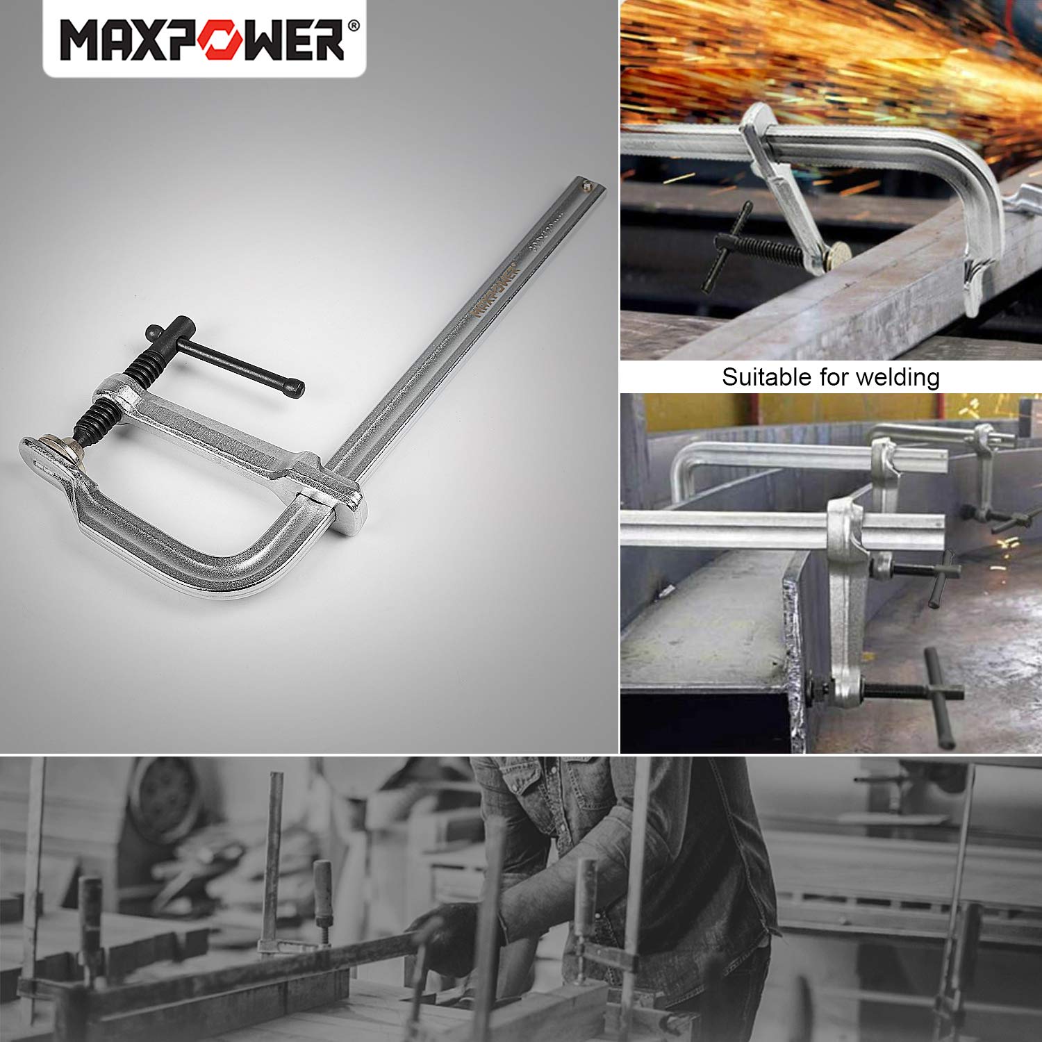 MAXPOWER welding and metalworking clamps in use on a metalwork setup