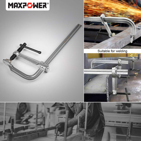MAXPOWER welding and metalworking clamps in use on a metalwork setup