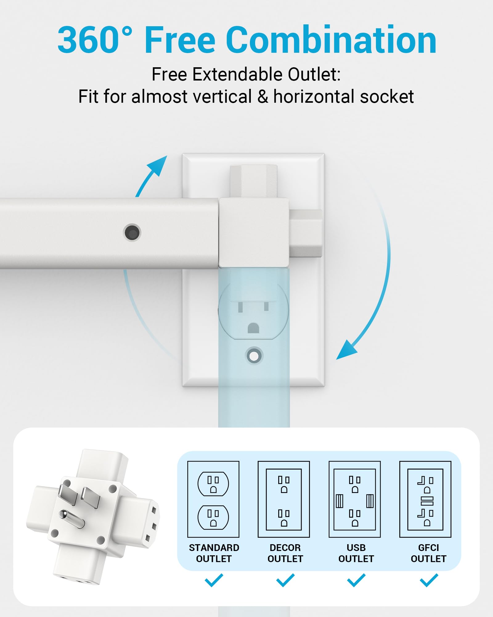 Maxsure Outlet Extender Stick placed behind a nightstand to reduce visible cables.