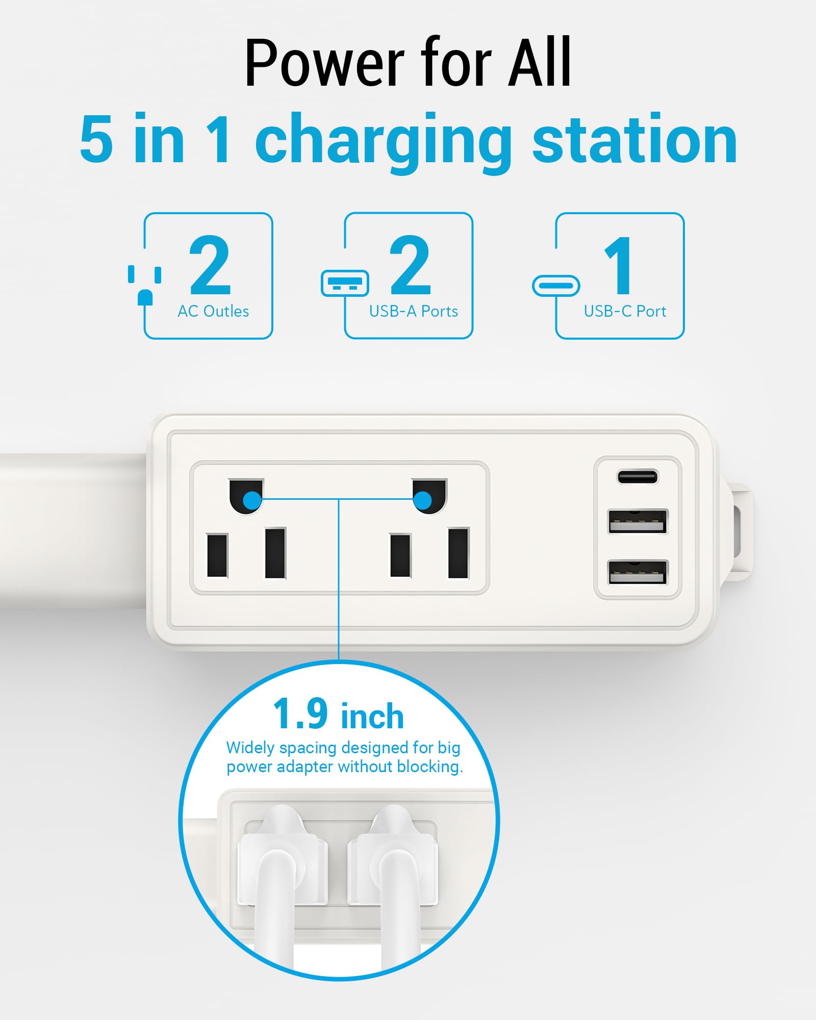 Maxsure Outlet Extender Stick displays USB C and USB A ports for convenient charging.