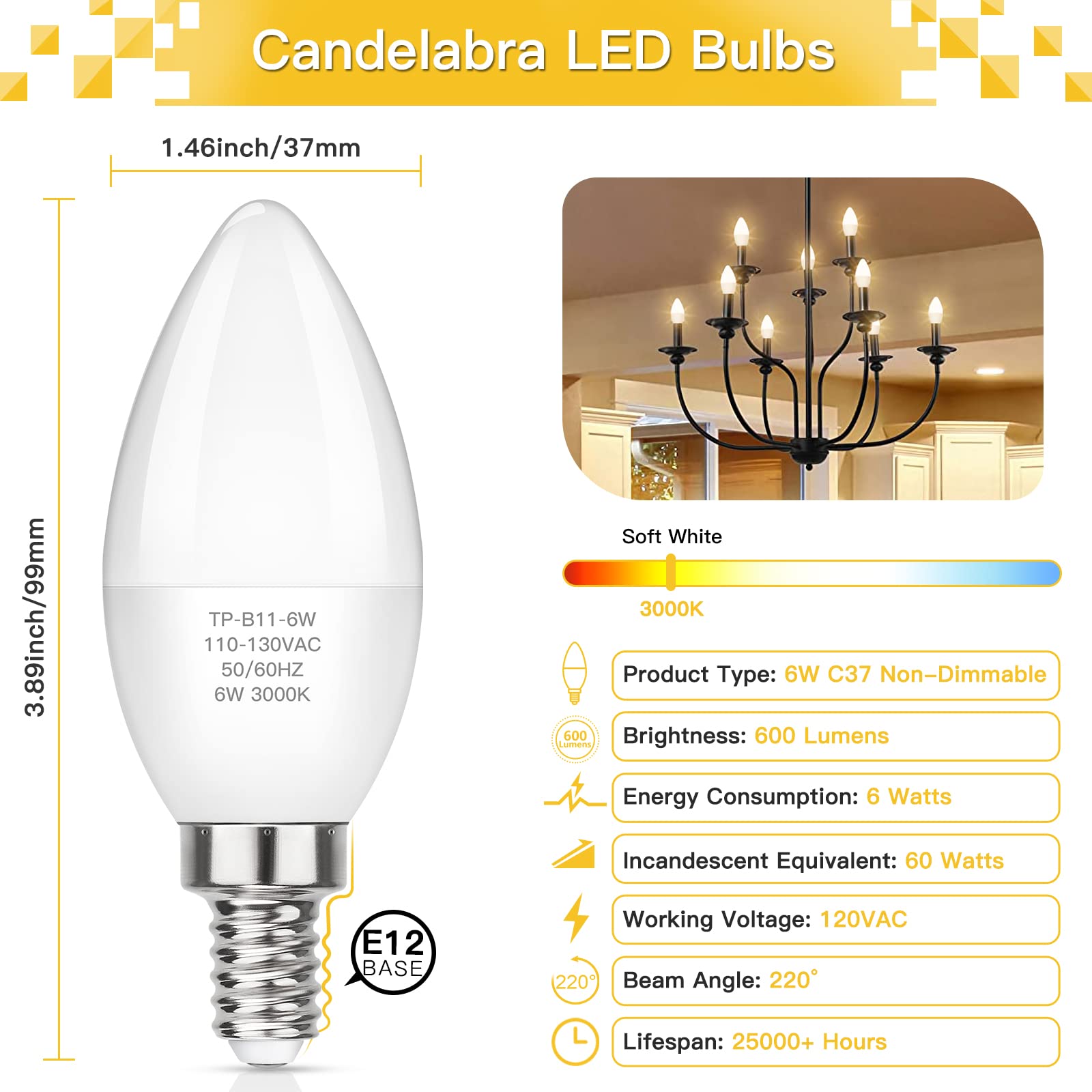 MAXvolador 6W LED candle bulb replaces 60W, reducing heat in indoor fixtures.