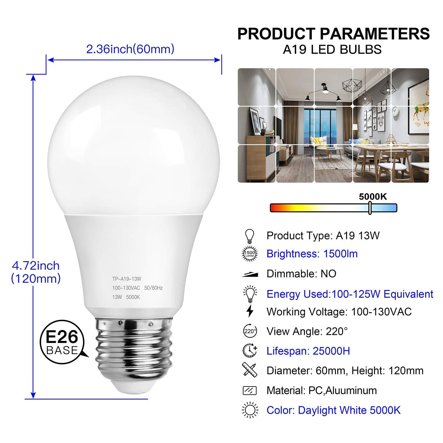 MAXvolador A19 LED bulb with E26 base fits standard fixtures