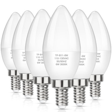 MAXvolador E12 LED candle bulb delivering 600 lumens of soft white light for chandeliers.