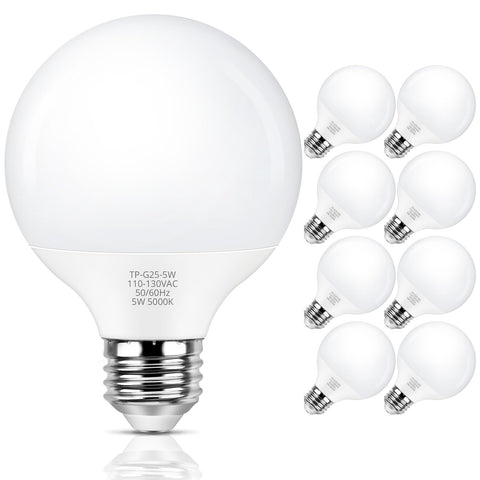 MAXvolador G25 LED globe bulb close-up with 5000K daylight glow for makeup clarity