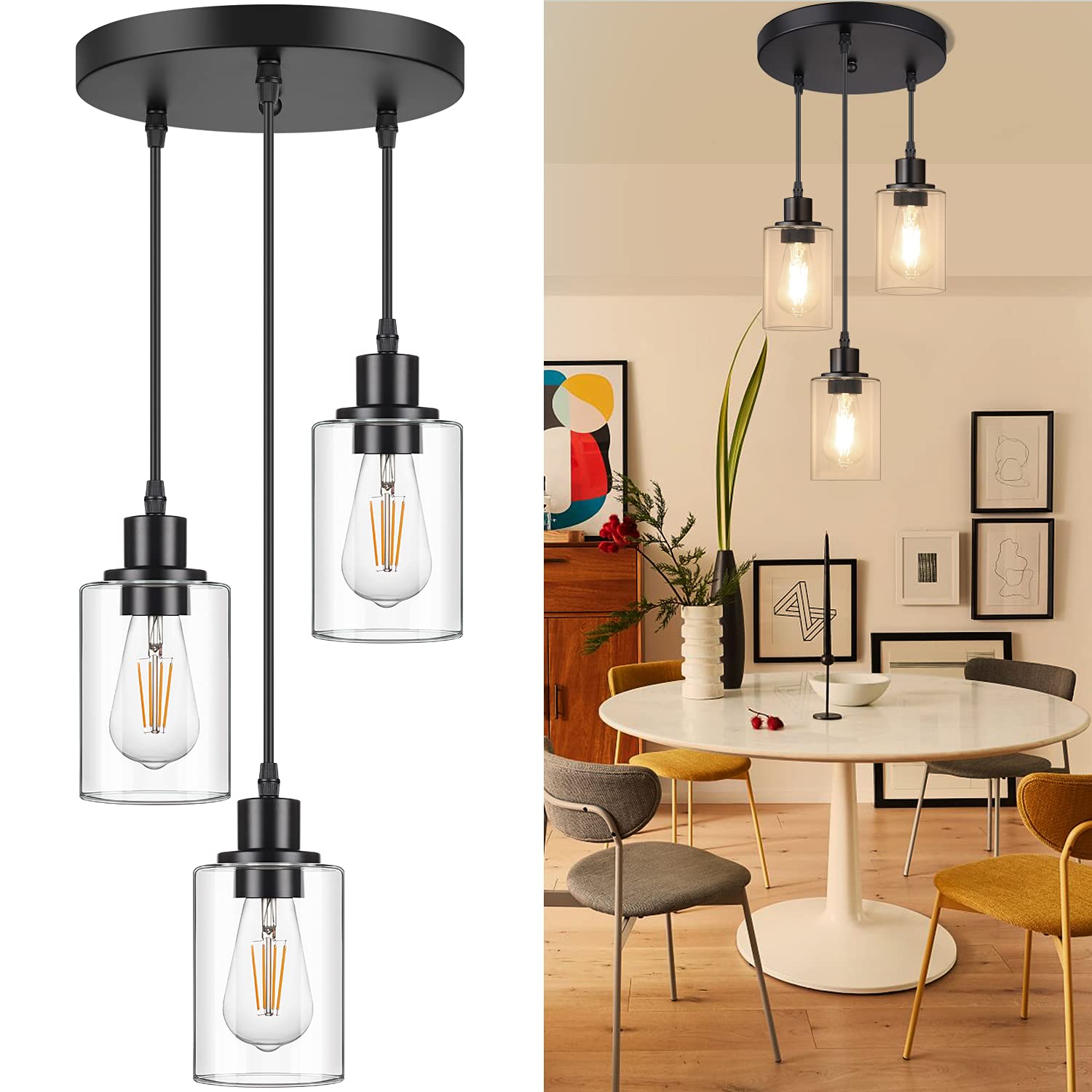 MAXvolador industrial 3-light pendant closeup shade highlights clear glass for modern lighting