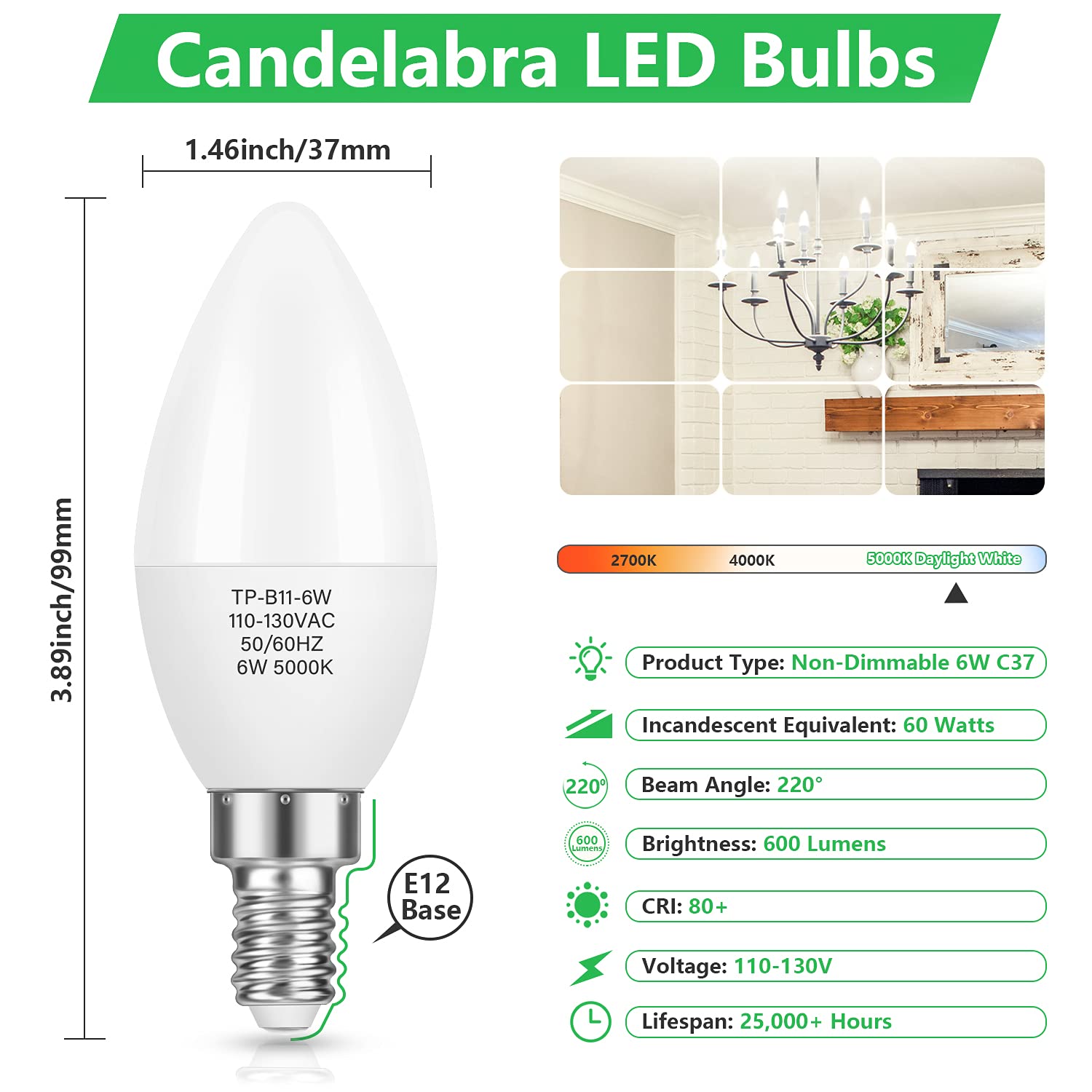 MAXvolador LED candelabra bulb delivering 60W-equivalent brightness at 600 lm