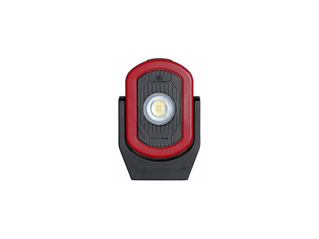 MAXXEON WorkStar Cyclops front view in red with bright floodlight