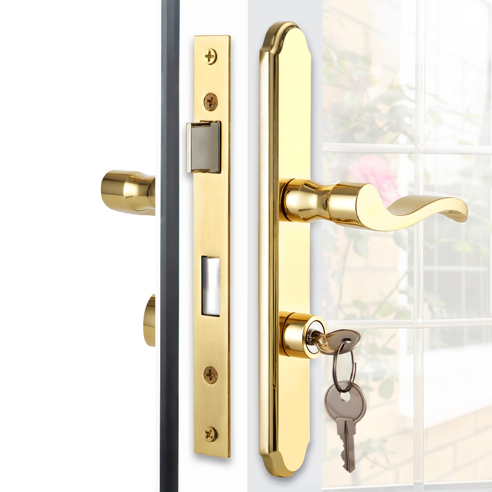 MaxxGeek flat-slot storm door handle in bright gold, premium finish for durable exterior use.