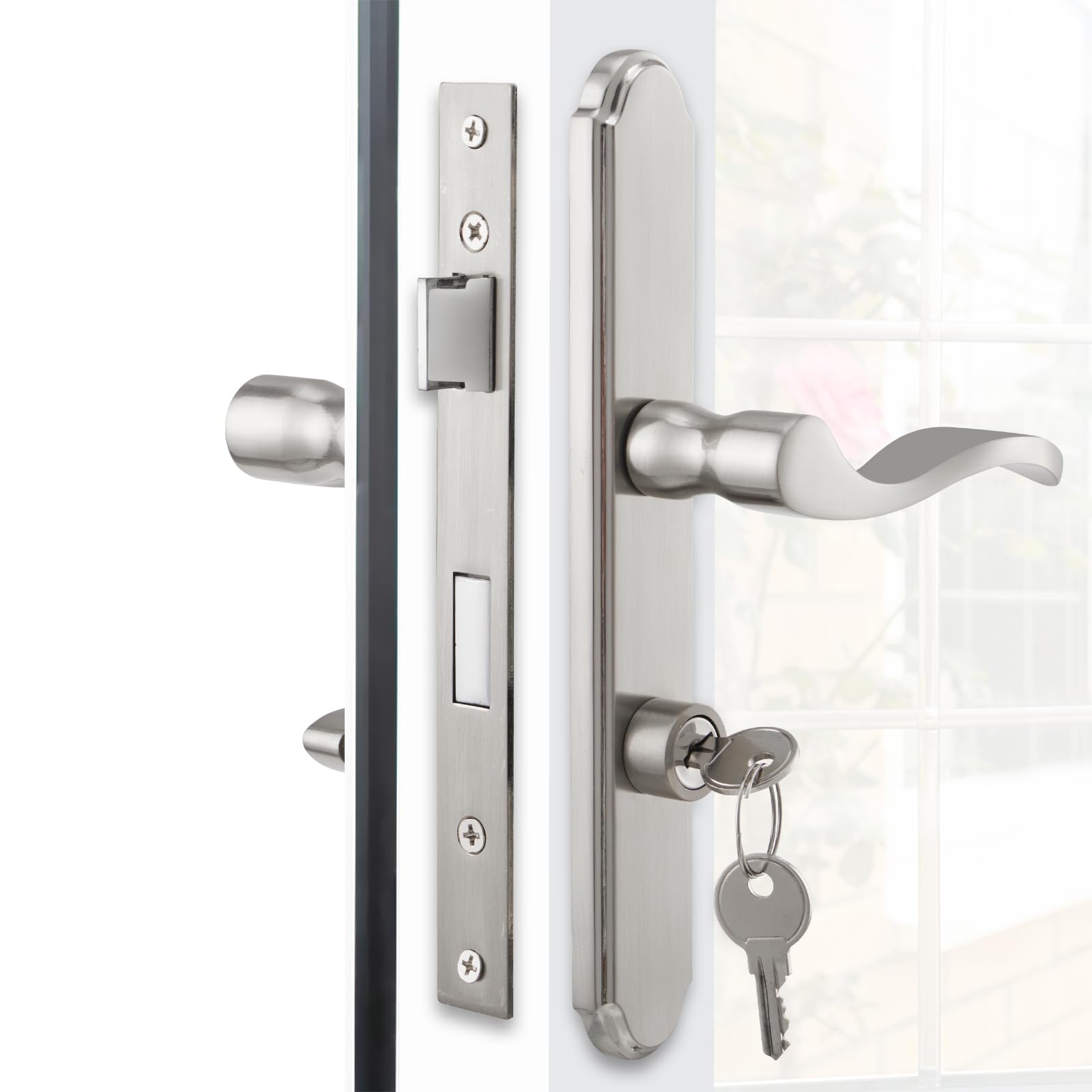 MaxxGeek flat slot storm door handle in brushed nickel, front view; ideal upgrade for versatile door compatibility.