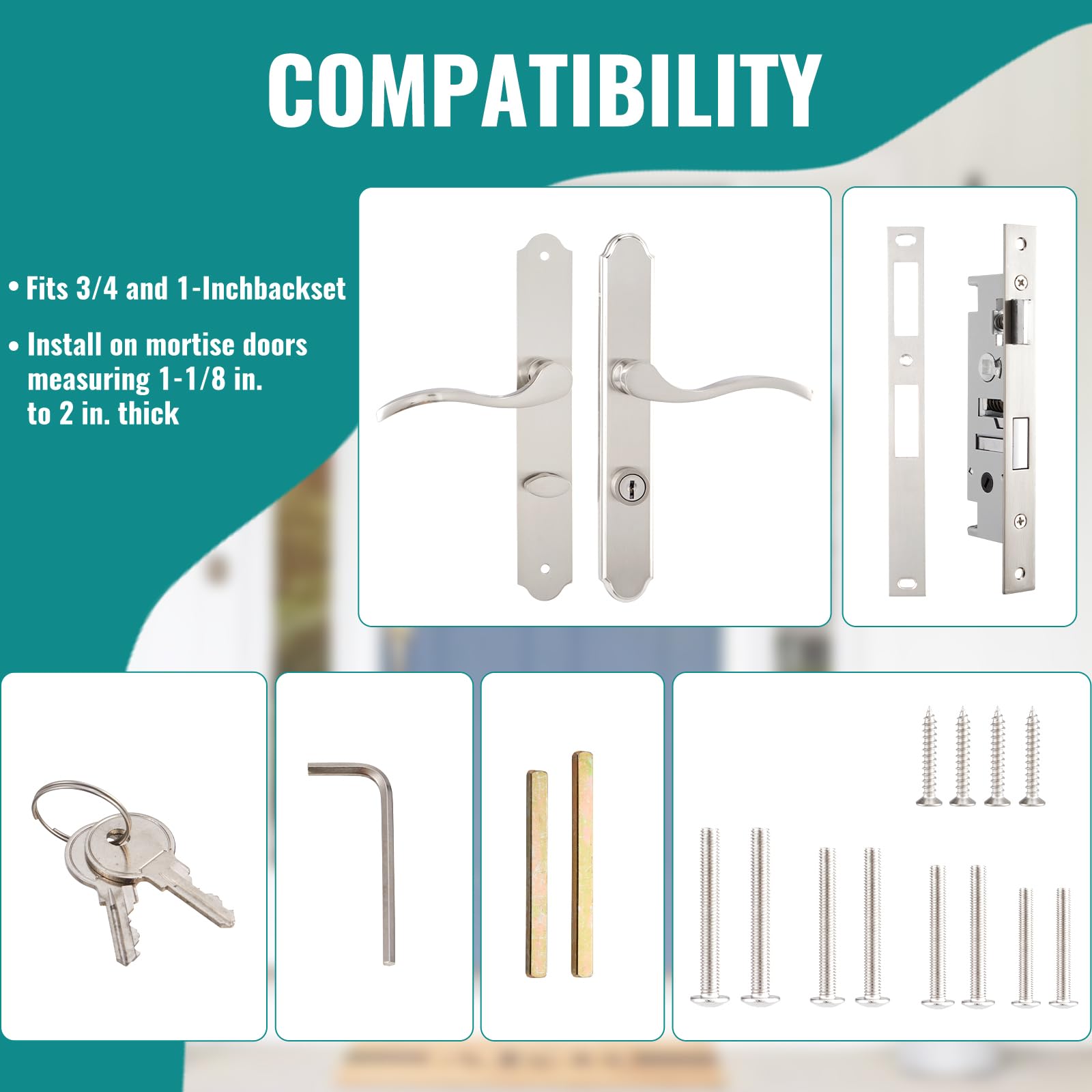 MaxxGeek brushed nickel handle with keyed deadbolt, close-up view highlighting secure locking.