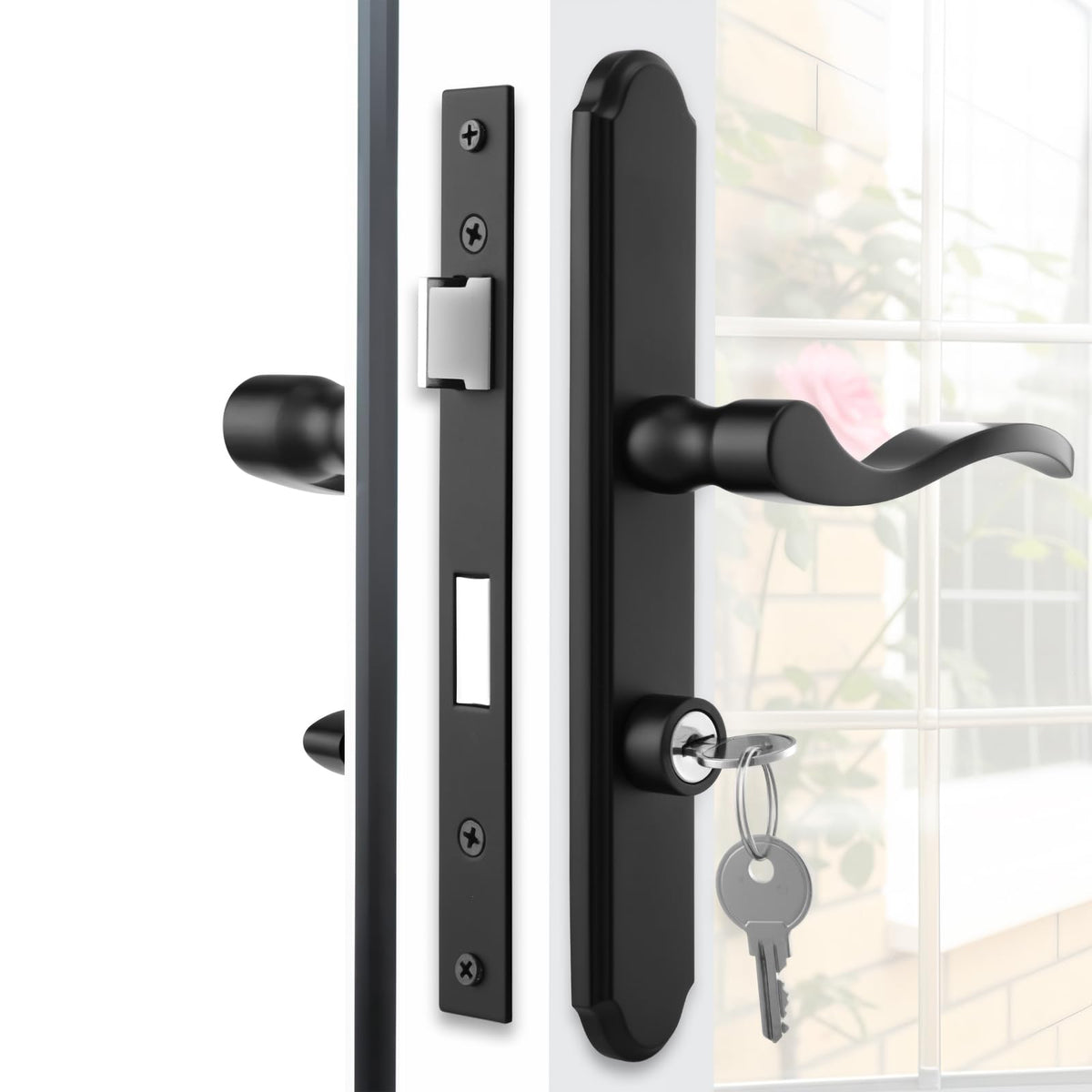 MaxxGeek flat-slot storm door handle front view with matte black finish showcasing secure entry