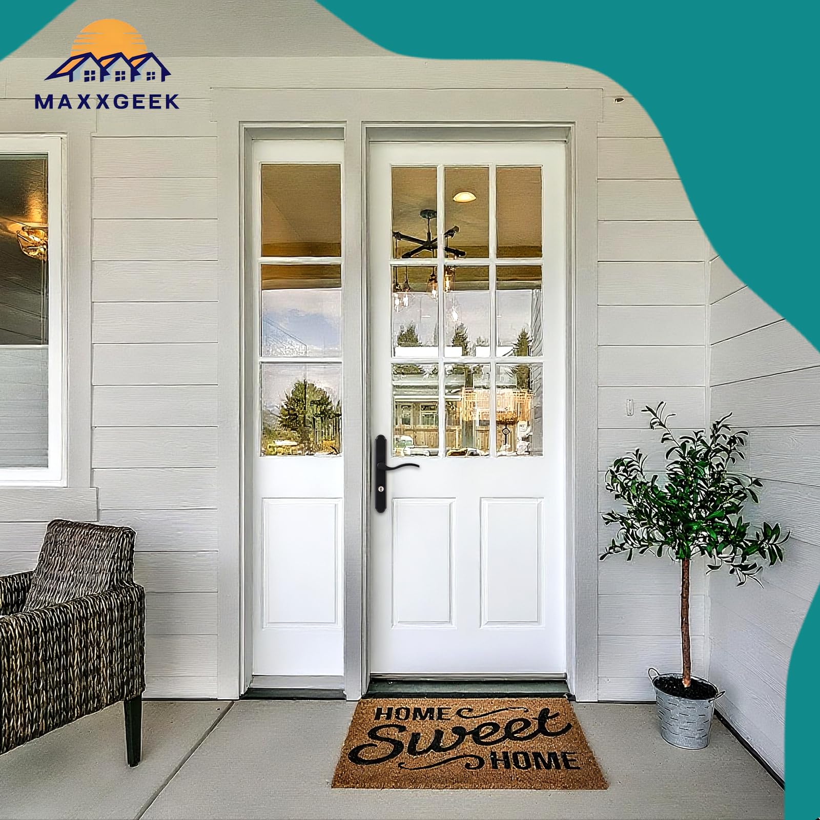 MaxxGeek flat-slot storm door handle in use on exterior door