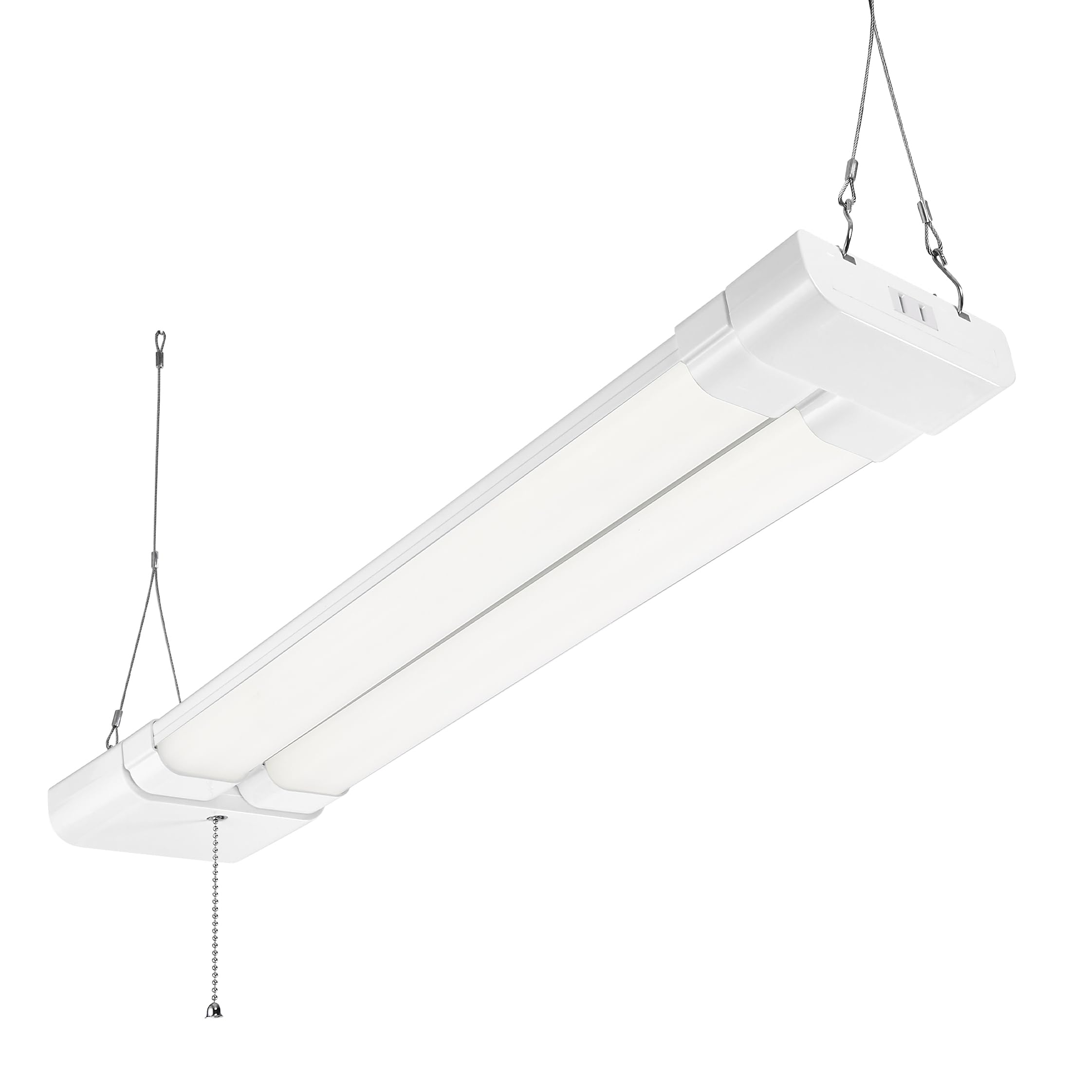 Maxxima 2ft LED shop light front view brightens the workspace