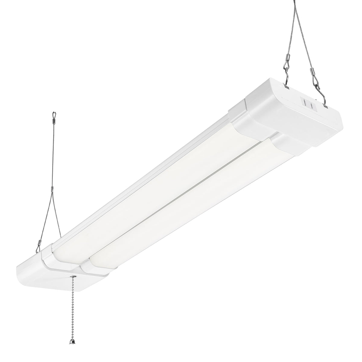 Maxxima 2ft LED shop light front view brightens the workspace