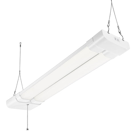 Maxxima 2ft LED shop light front view brightens the workspace