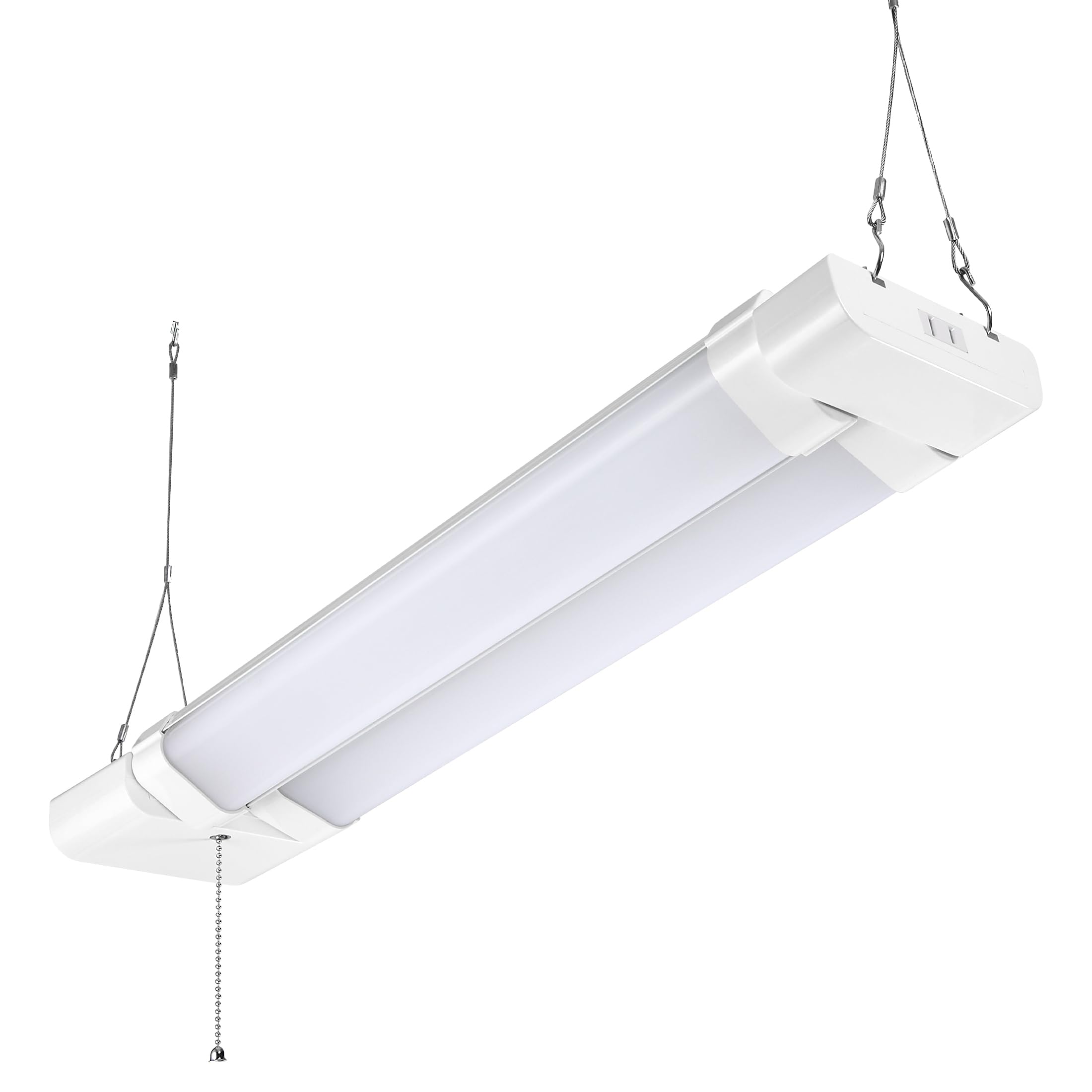 Maxxima 2ft LED shop light side profile shows slim ceiling-mount design ideal for garages