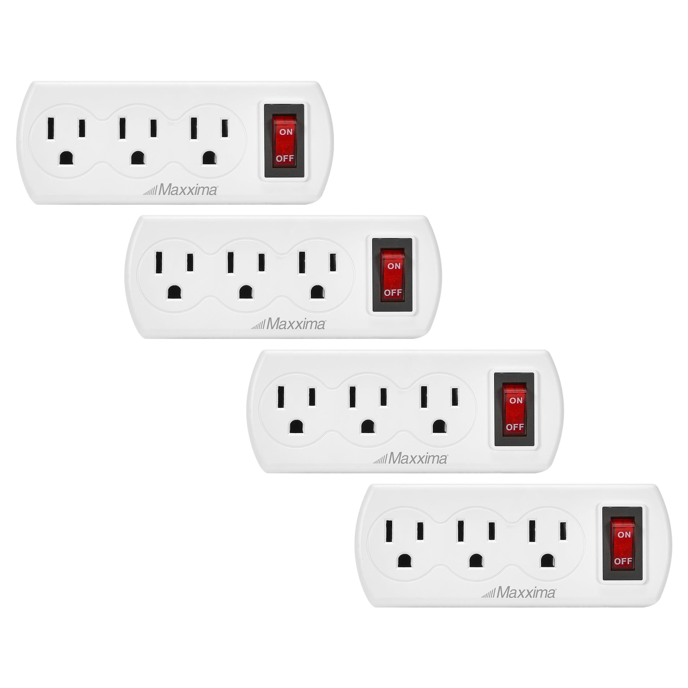 Maxxima 3-outlet grounded wall plug front view adds flexible extra outlets for devices.